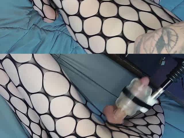 femboy in body stocking auto jerks with clear fleshlight - hip thrusting end to close up oozing jizz flow