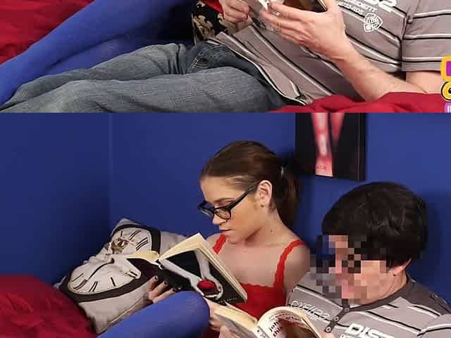 Euro CFNM glasses giving HJ to her stepbro