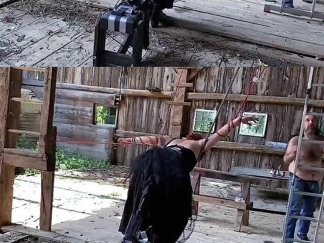 Bound up and banged by machine in barn