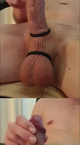 Priceless close-up tugjob with cockring and large jizz flow