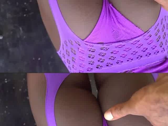Hot Ebony MILF rides BBC wearing sexy purple pantyhose-suit