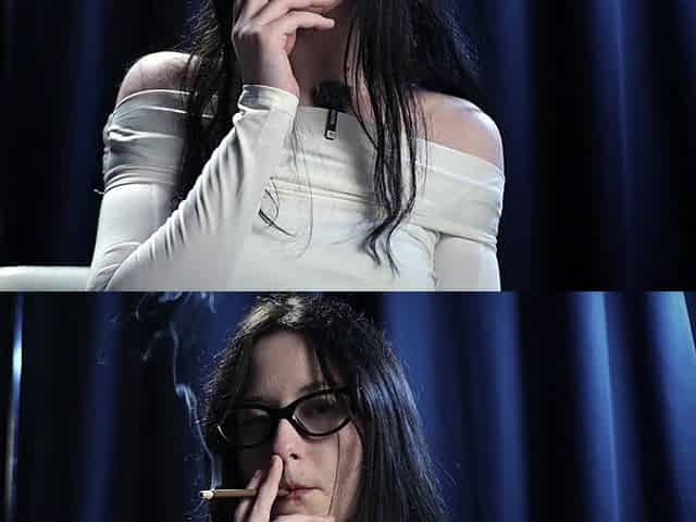 Smoking Seduction - Intriguing Lady in White. 2 Black Cigarette in a Row.