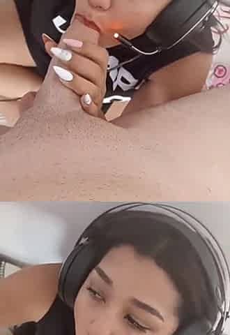 Big Ass and Cute Brunette Playing Fall Guys on the Playstation While Sucking a Huge White Cock!!