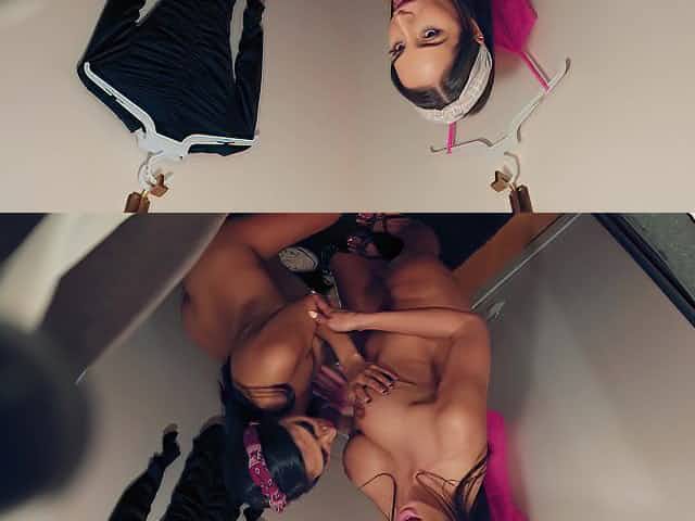 Lesbian sex in the changing room with two amateurs