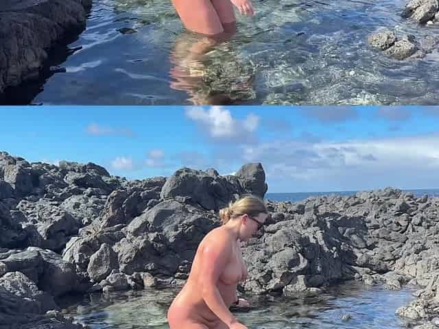 Nudist Girl Swimming Naked in the Natural Pool Outdoor