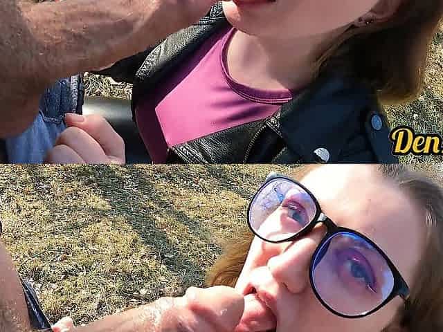 gal in a leather jacket has hard anal invasion on a scooter to wash her face with cum