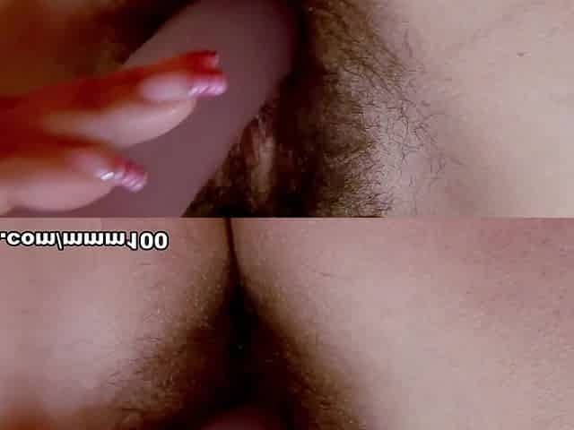 Andrea Kelly a gorgeous brunette with a hairy pussy dildoing herself on her bed - MMM100