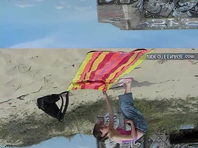 Cute eighteen Years Brunette hair Shows Hirsute Cunt at Beach