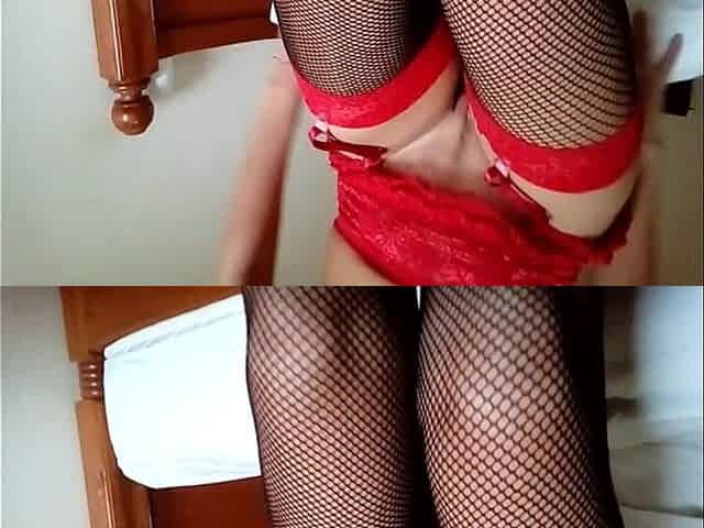 Cum Playing in Black Fishnet Stockings