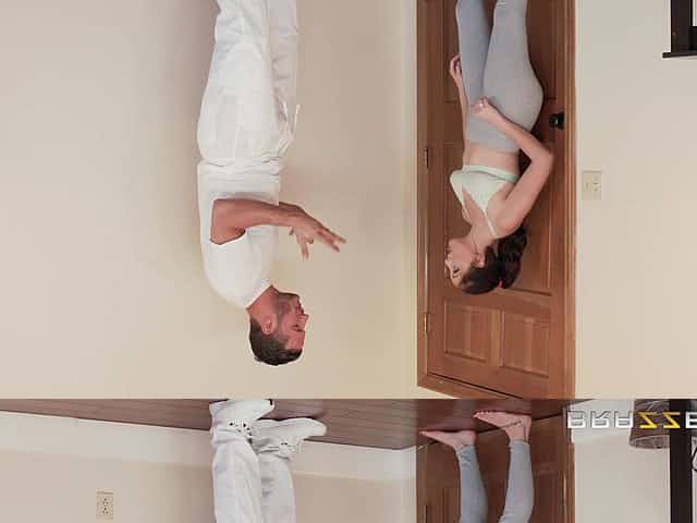 Athletic teen Nickey fucked from behind in ripped yoga pants