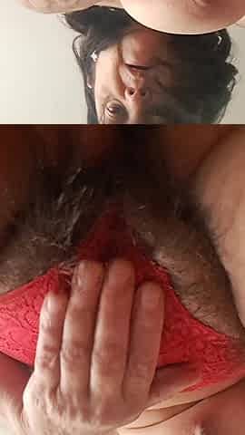Mom in Action Wearing Red Panties, Digging Her Fingers Into Her Hairy Pussy