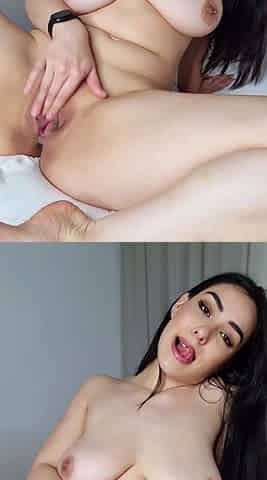 Busty curly brunette with big boobs fucks on couch