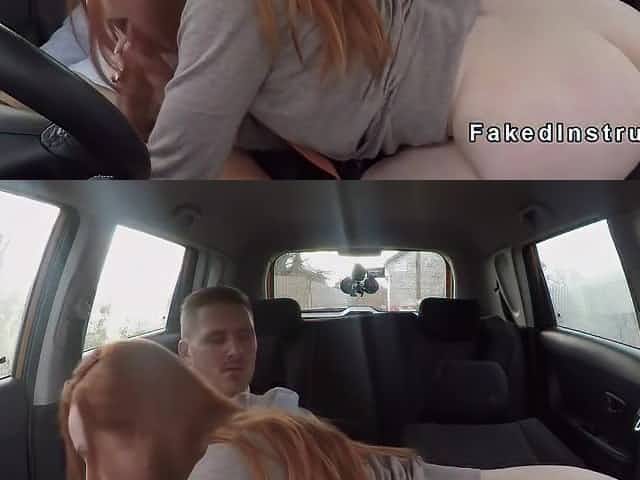 Big cock driving examiner fucks redhead in car