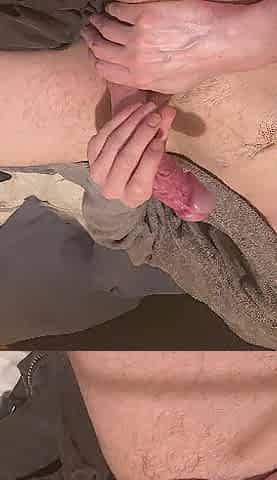 Stroking my hard penis sluggishly and teasing out a creamy load