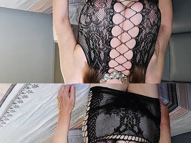 Black net dress and thong with interesting slit will excite you