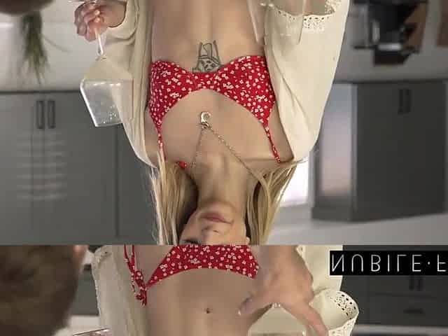 Petite blonde with small tits is having fun with her stepbrother and getting his big cock in her tight pussy.