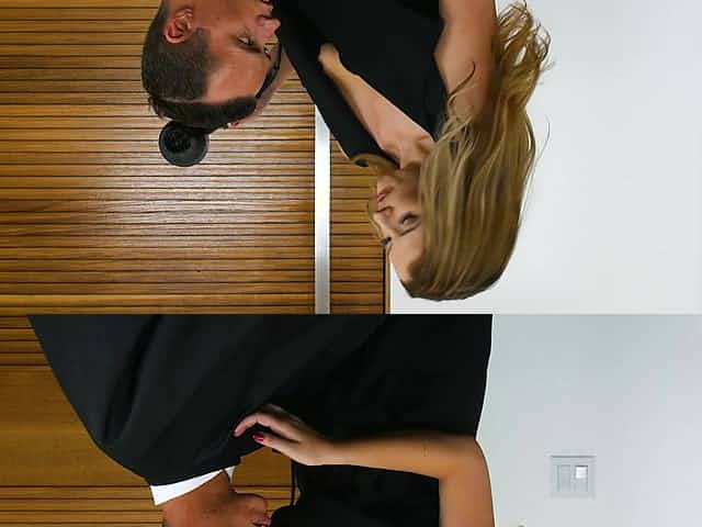Horny hairdresser Shauna Skye drops on her knees to suck client's dick