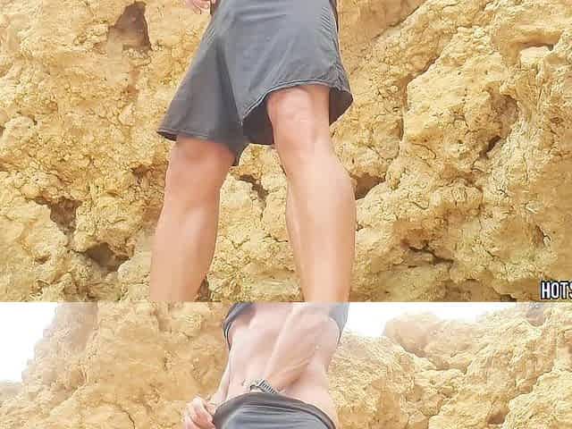 Sexy Chap humping rocks on a public beach and stroking - risky