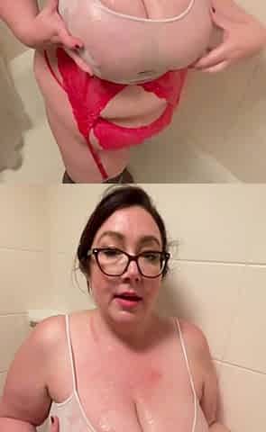 Plump BBW Milf Showers in Garter and Stockings