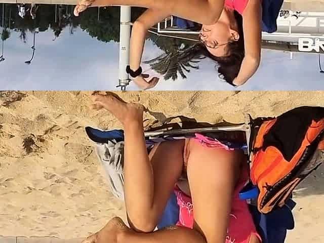 Flashing Hairy Pussy by Taking Off Panties at the Beach Suns