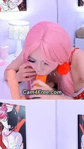 Pink Hair Babe Sucking Different Dildos