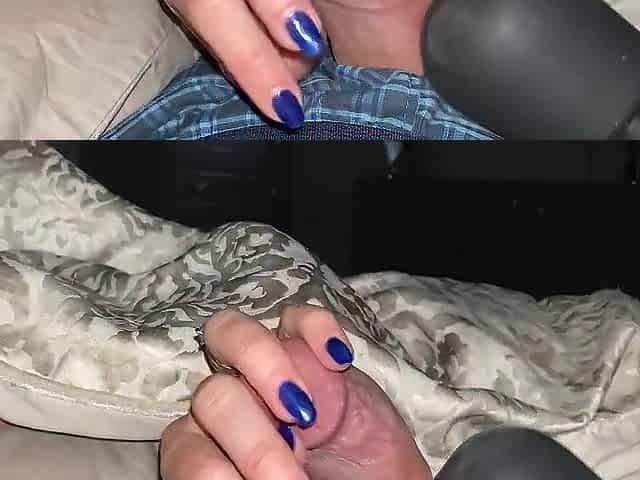 Teasing and edging him with a fleshly tugjob to completion. Bright blue fingernails on schlong