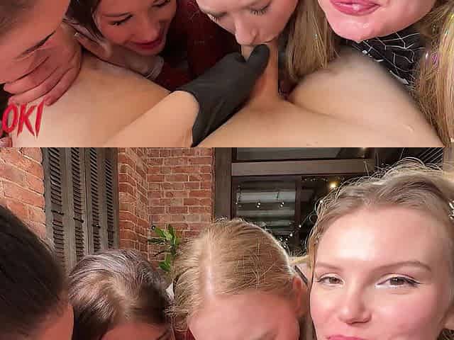 Four strumpets greedily suck my jock - group oral.