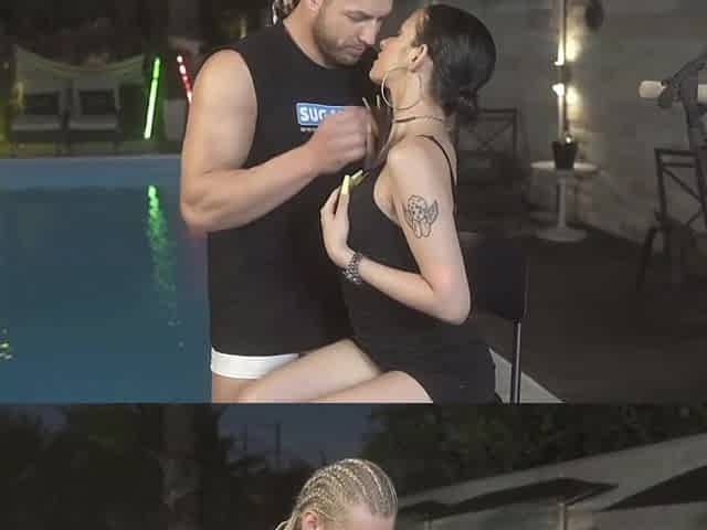 A fun day in the pool with a hot brunette gets sexy and ends with a dripping finish.