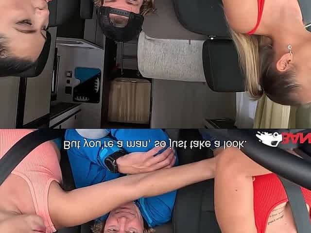 Reverse gangbang in a van with three MILFs and a stranger