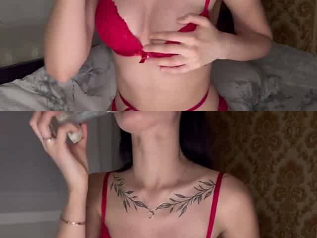 Brunette In Red Satisfies Herself With A Transparent Dildo