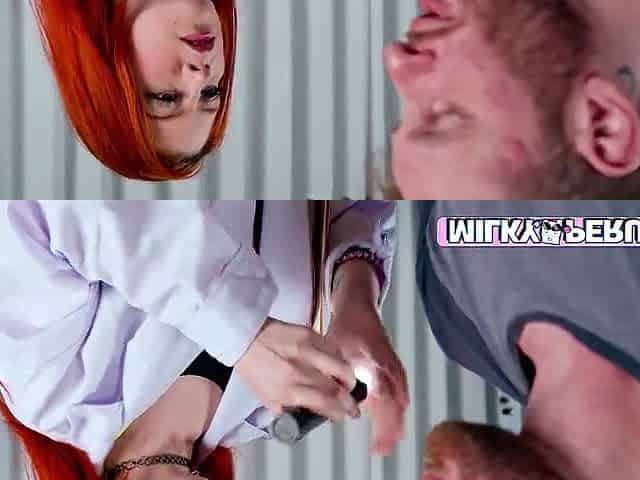 'Screw my twat and your acne will vanish.' Redhead doctor bangs her patient's large schlong.