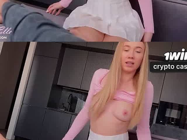 Schoolgirl creampie! Rough romp with real cheating wife's tiny sister under skirt. No panties, sneaky blowjob.