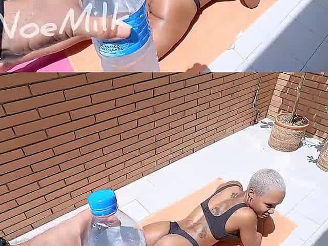 Noe Milk is sunbathing on her terrace, I put oil on her and end up screwing her mercilessly.