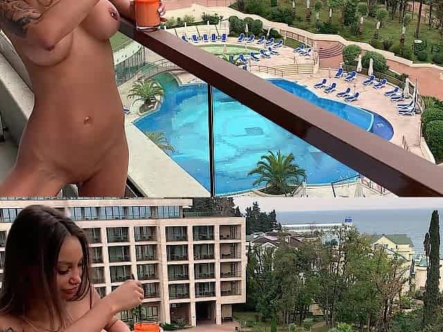 Monika Fox In nature's garb Having Breakfast On Hotel Balcony