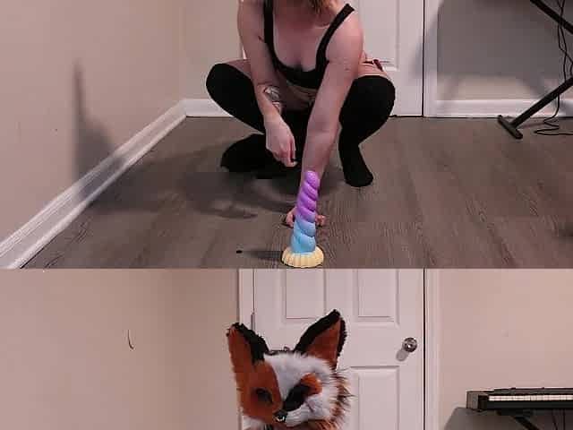 Cute femboy jumps on a unicorn toy