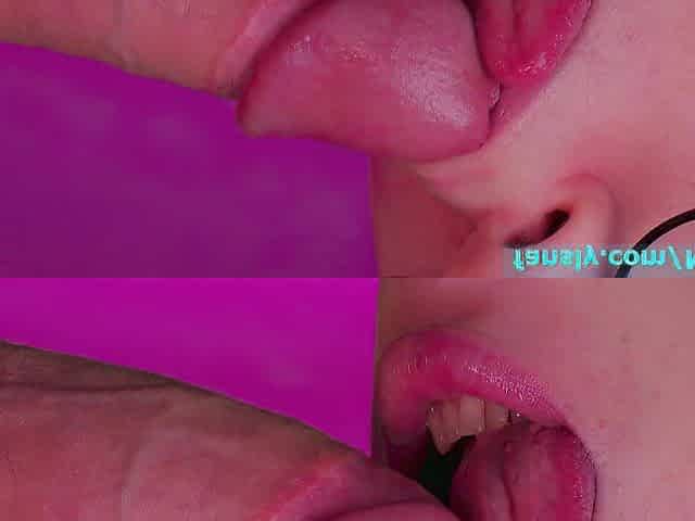 Close oral sex with lip gloss with soaked cum on tongue