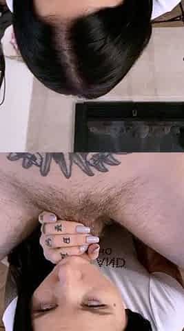 Big tit brunette sucks a big cock blowjob POV