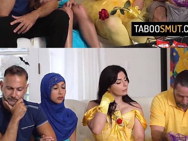 Cosplay teens takes their stepdads dicks as a threat for Halloween