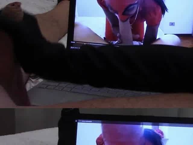 Gift to my massive fan: tugjob in gloves, during the time that is watching one of my episodes, with jizz flow