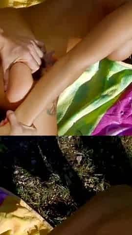 Busty blonde milf is draining dude's hard cock outdoors