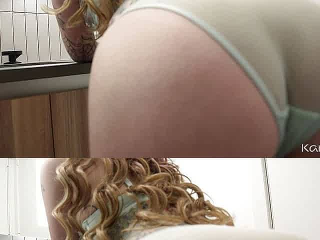 Tiny inked teen gets wet & messy all over the kitchen counter