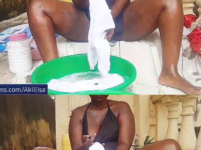 Laundry day: Afro hottie AKIILISA thick hips and hawt cleavage