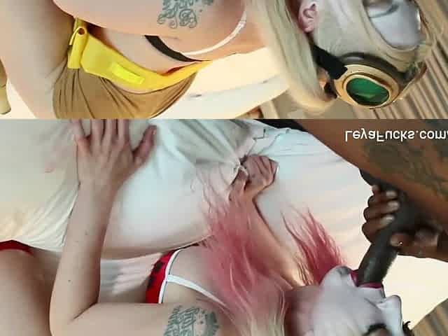 Clothed up Leya gets double penetration'd with a ebony wang and a thong on