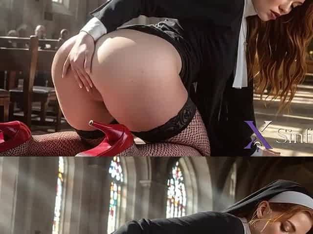 A breasty redheaded nun tries a wang for the 1st time right in the church[AI]