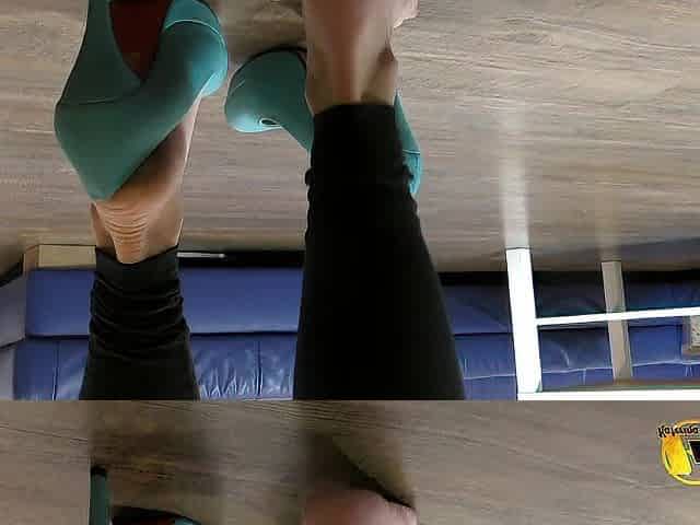 In blue high heels shoe play and next feet job with red sex tool