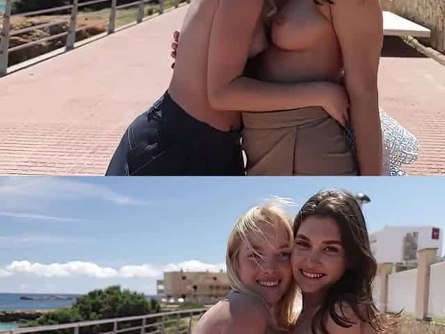 Two Exhibitionist Friends Stroll Naked On The Street And At The Beach With Naked Street