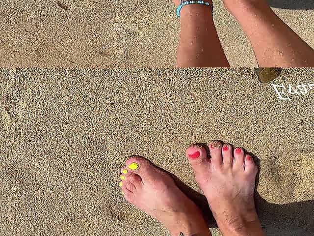 My feet and masturbation with climax and soaked cunt close up on the beach