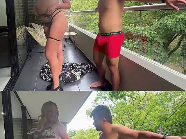Screwing on the Balcony with 2 Schlongs