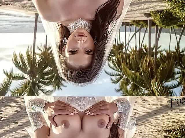 A hotty in a wedding costume gets a amiable spunk fountain during a travel to the beach.[AI]