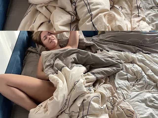 A youthful student woke up after a wild night and brought herself to climax.